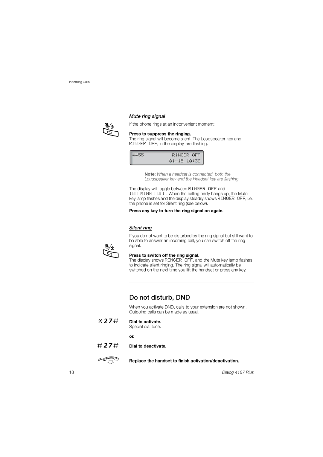 Ericsson 4187 Plus manual #27# d, Do not disturb, DND, Mute ring signal, Silent ring 