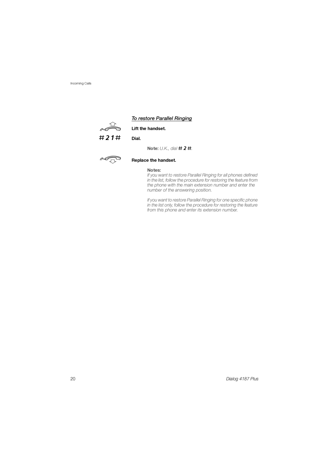 Ericsson 4187 Plus manual #21#, To restore Parallel Ringing 