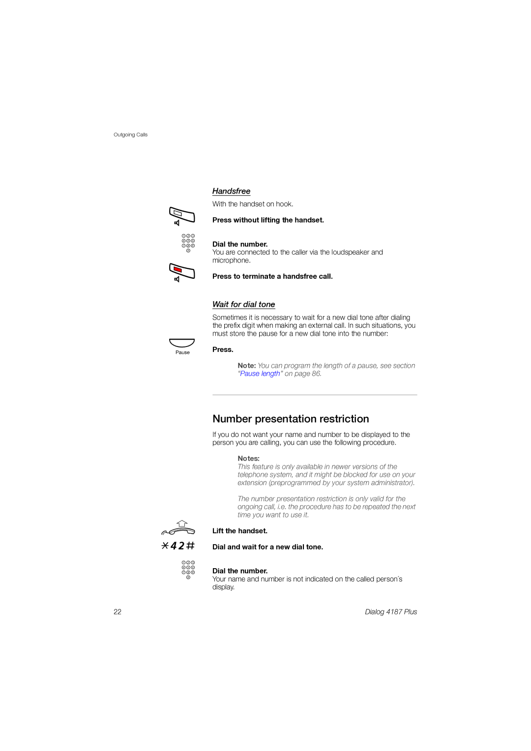 Ericsson 4187 Plus manual 42# z, Number presentation restriction, Wait for dial tone 