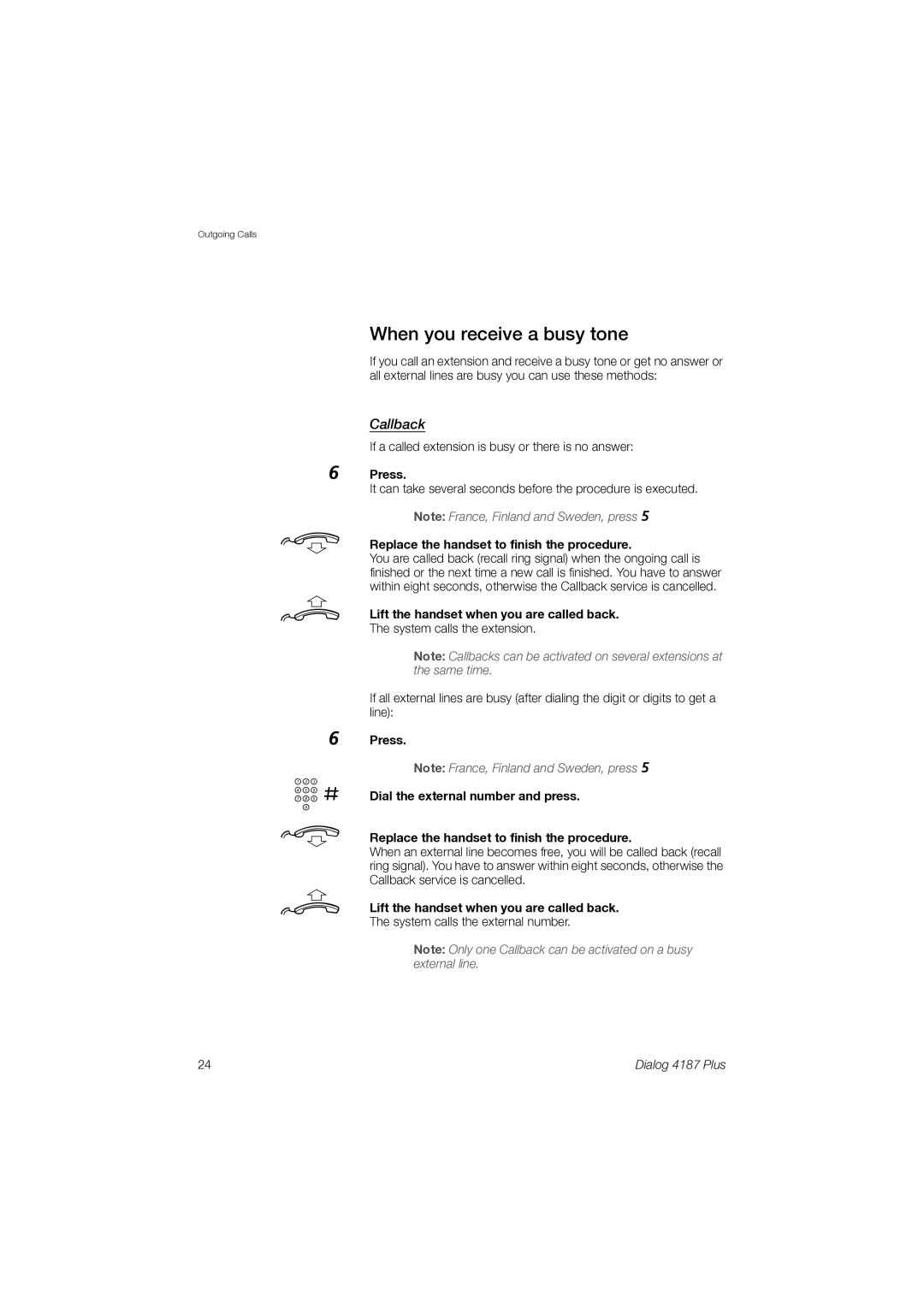 Ericsson 4187 Plus manual # d, When you receive a busy tone, Callback, Lift the handset when you are called back 