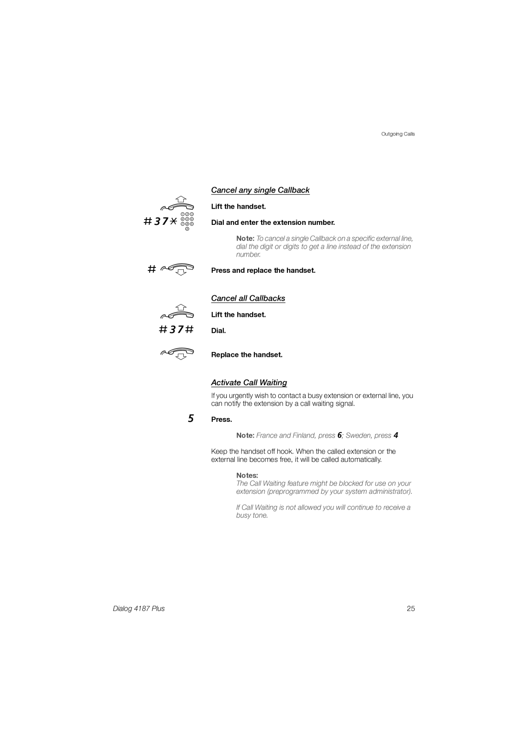 Ericsson 4187 Plus manual #37# d, Cancel any single Callback, Cancel all Callbacks, Activate Call Waiting 