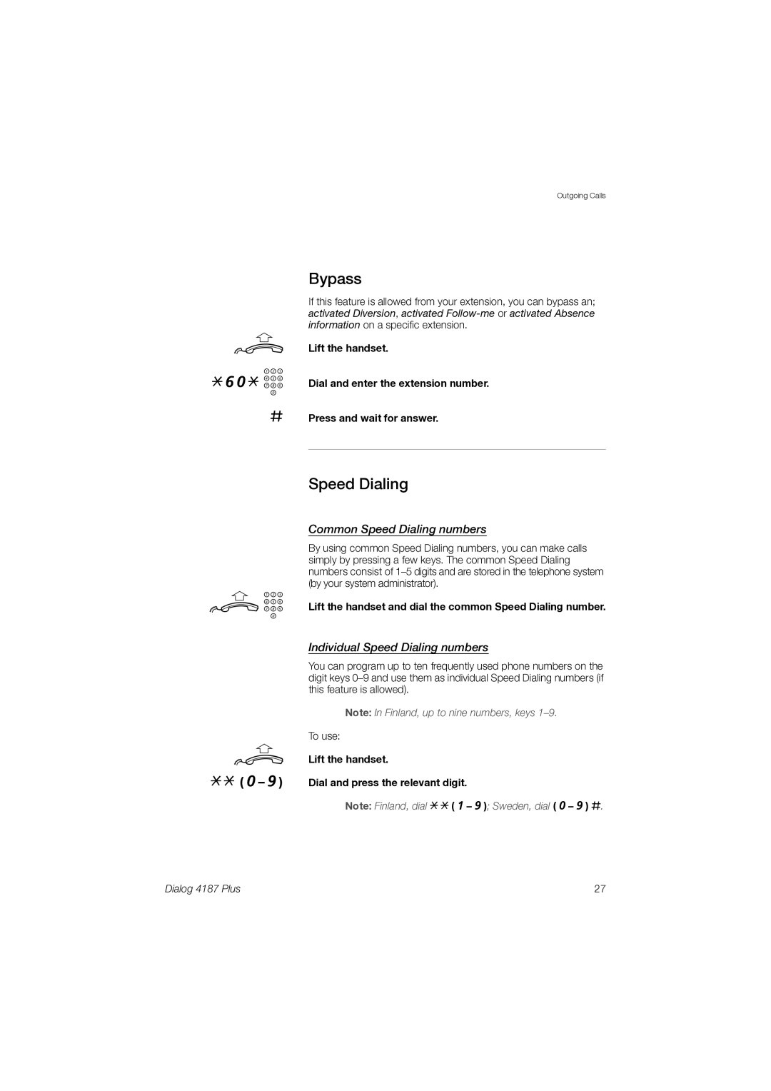 Ericsson 4187 Plus manual Bypass, Common Speed Dialing numbers, Individual Speed Dialing numbers 