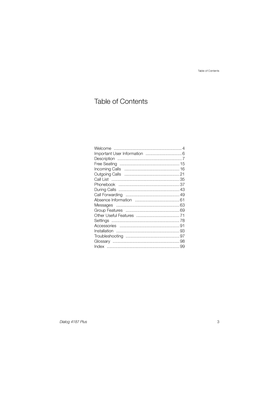 Ericsson 4187 Plus manual Table of Contents 