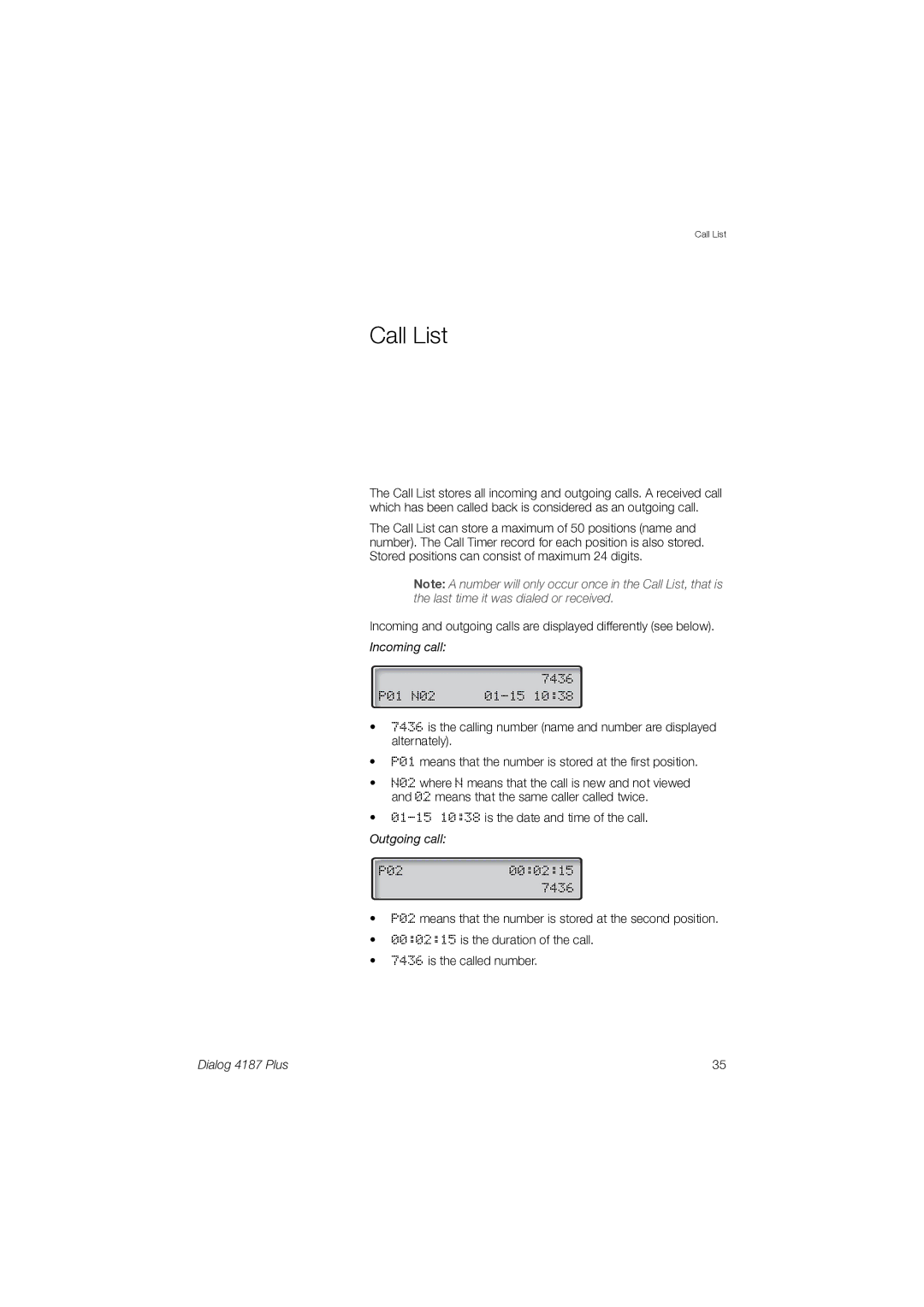 Ericsson 4187 Plus manual Call List, Incoming call 