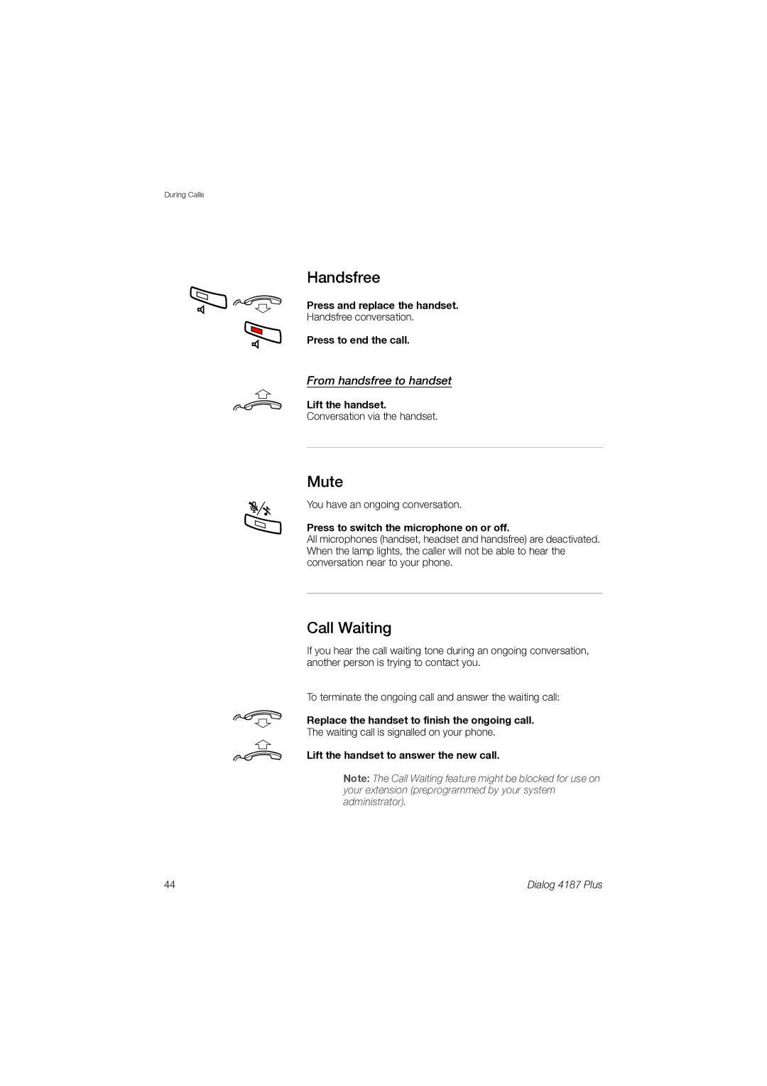 Ericsson 4187 Plus manual Handsfree, Mute, Call Waiting, From handsfree to handset 