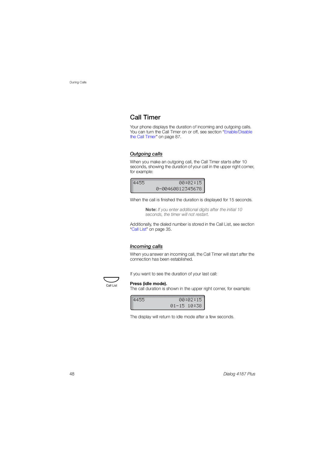 Ericsson 4187 Plus manual Call Timer, Outgoing calls, Incoming calls, Press idle mode 