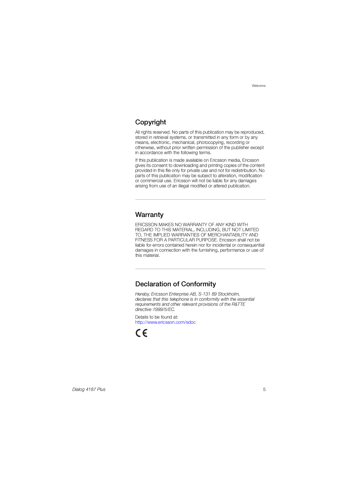 Ericsson 4187 Plus manual Copyright, Warranty, Declaration of Conformity 