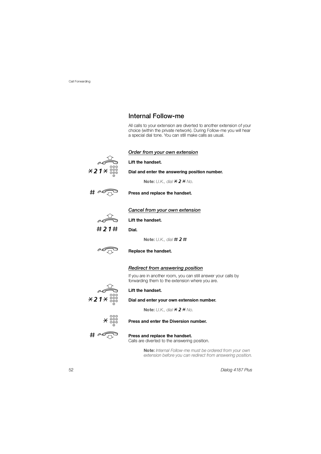 Ericsson 4187 Plus manual #21# d, Internal Follow-me, Order from your own extension, Cancel from your own extension 