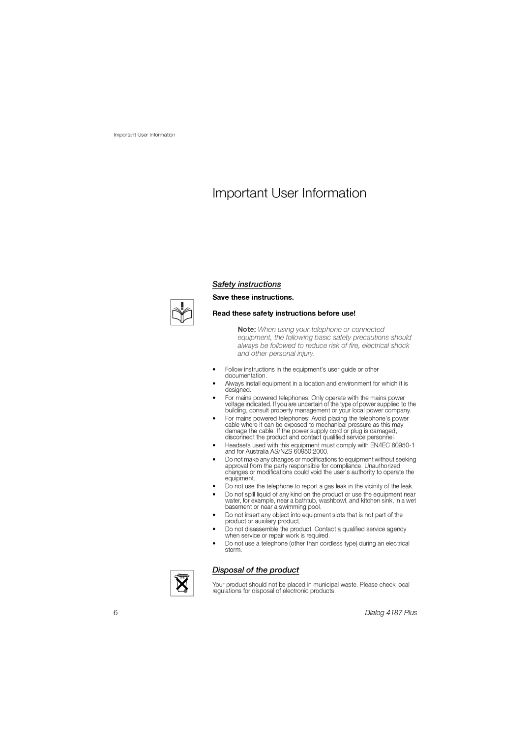 Ericsson 4187 Plus manual Important User Information, Safety instructions, Disposal of the product 