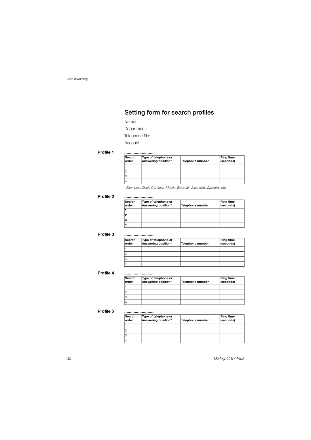 Ericsson 4187 Plus manual Setting form for search profiles 