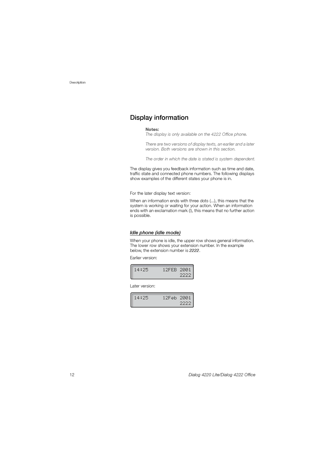 Ericsson 4220 manual Display information, Idle phone idle mode 