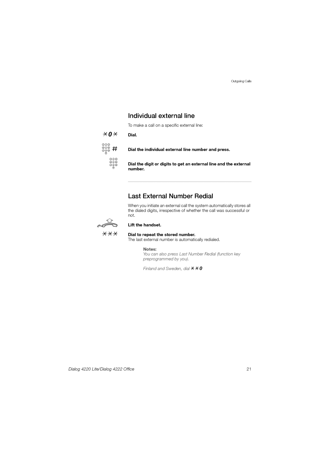 Ericsson 4220 Individual external line, Last External Number Redial, Lift the handset Dial to repeat the stored number 