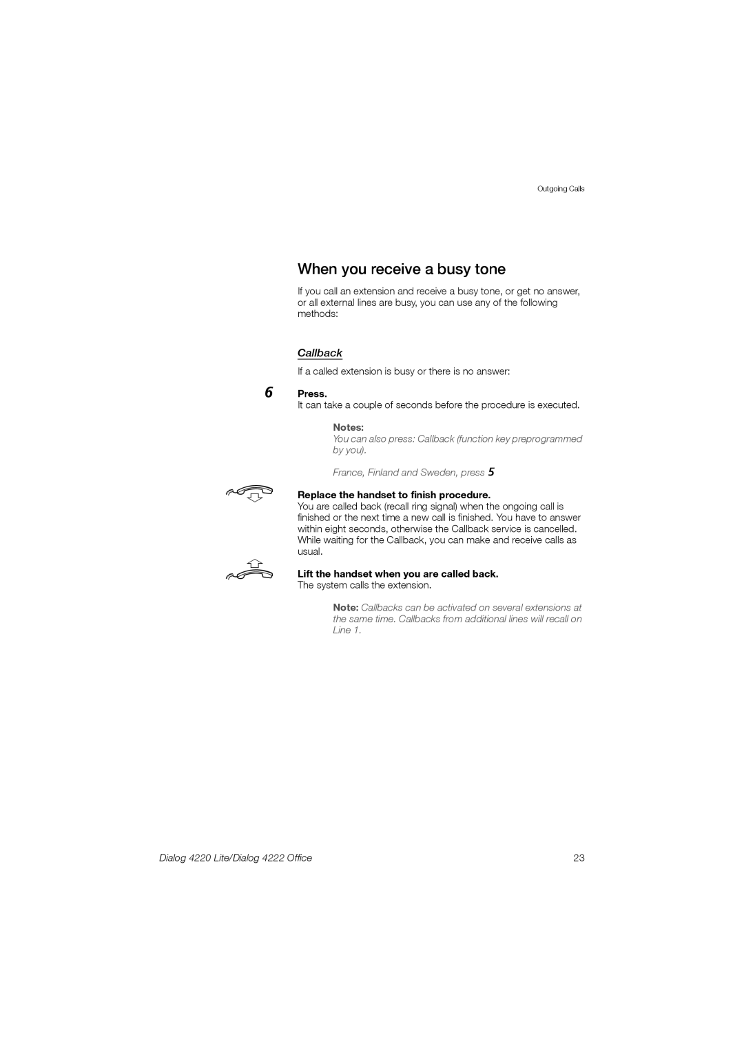 Ericsson 4220 manual When you receive a busy tone, Callback, Replace the handset to finish procedure 