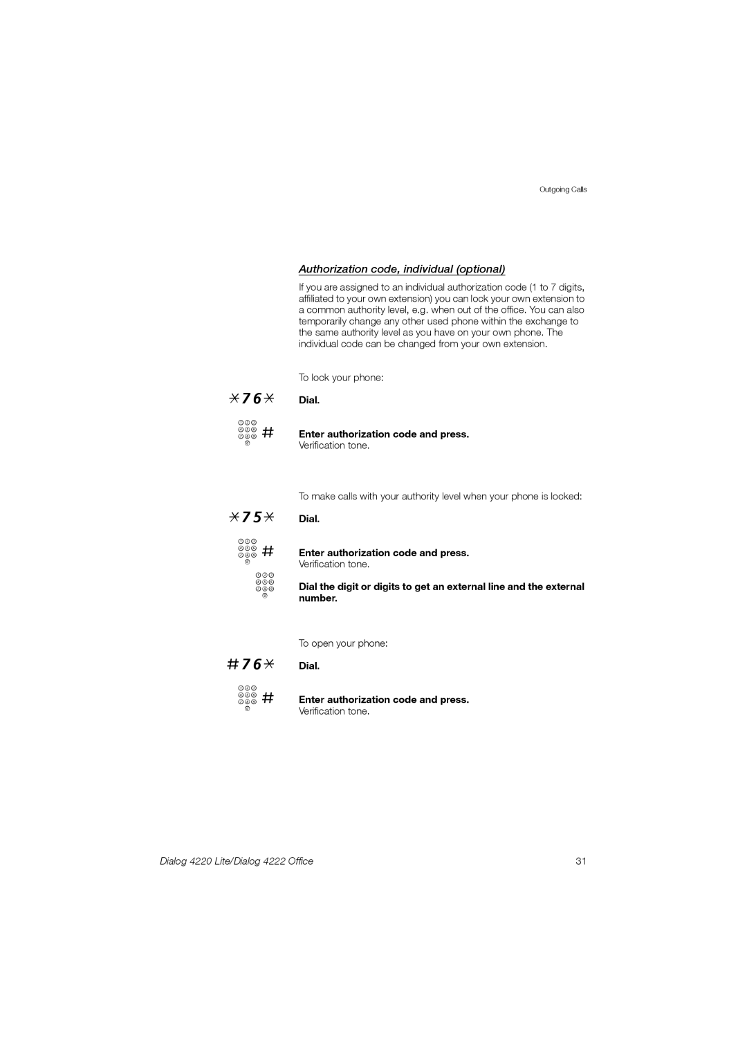 Ericsson 4220 manual 76* z # 75* z # z, Authorization code, individual optional 