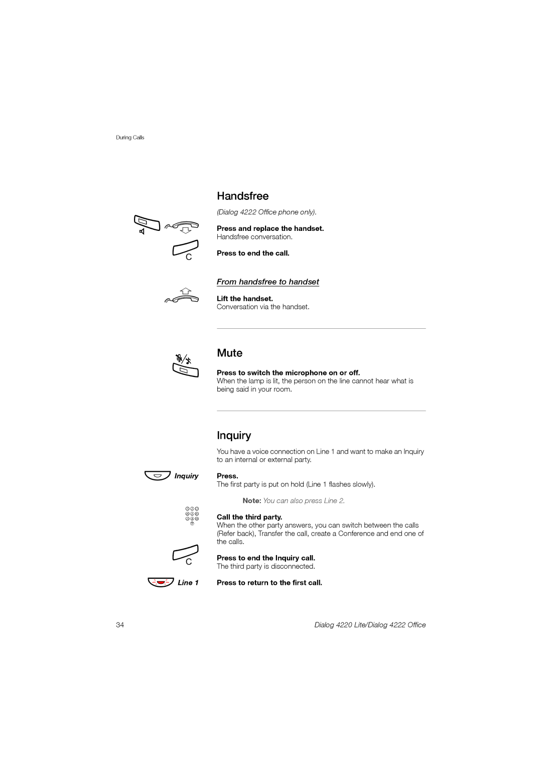 Ericsson 4220 manual Handsfree, Mute, Inquiry, From handsfree to handset 