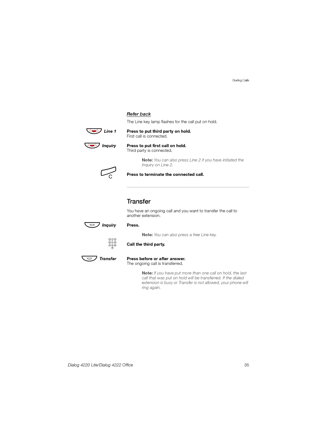 Ericsson 4220 manual Transfer, Refer back, Press to put third party on hold, Press to put first call on hold 