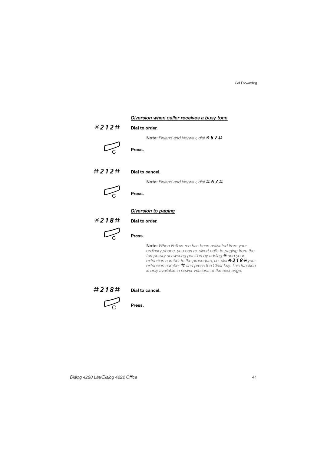 Ericsson 4220 manual 212# #212# 218# #218#, Diversion when caller receives a busy tone, Diversion to paging 