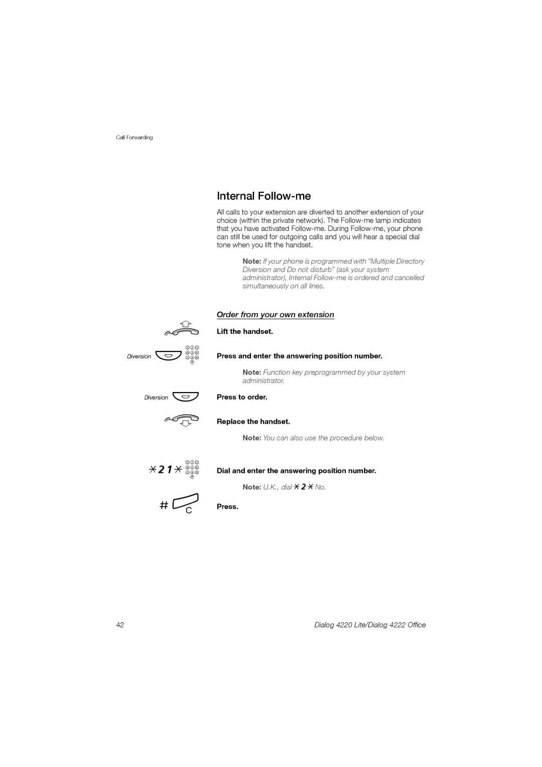 Ericsson 4220 manual 21* z # í, Internal Follow-me, Order from your own extension 