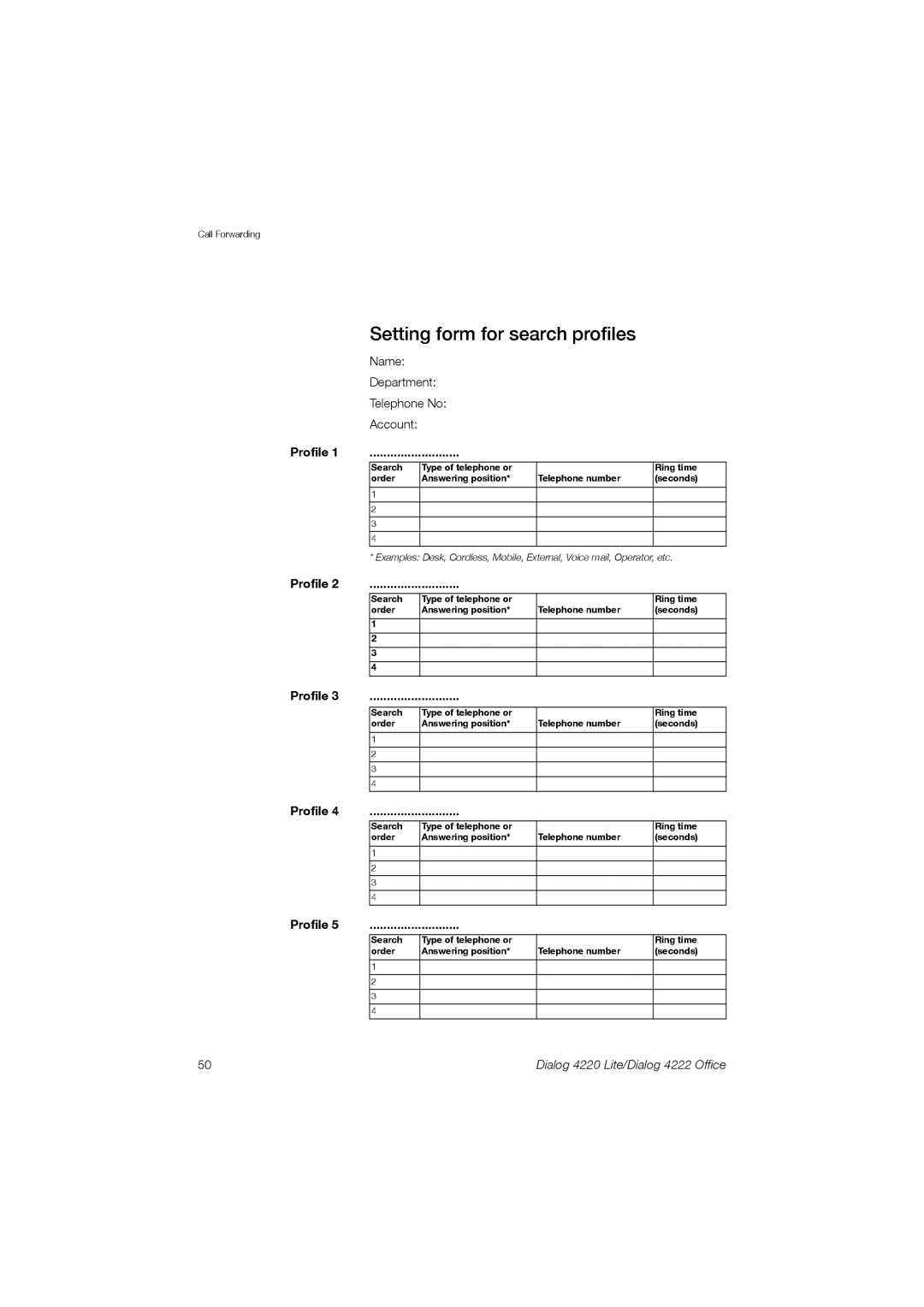 Ericsson 4220 manual Setting form for search profiles 