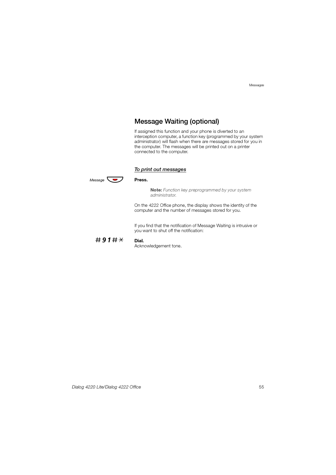 Ericsson 4220 manual #91#, Message Waiting optional, To print out messages 