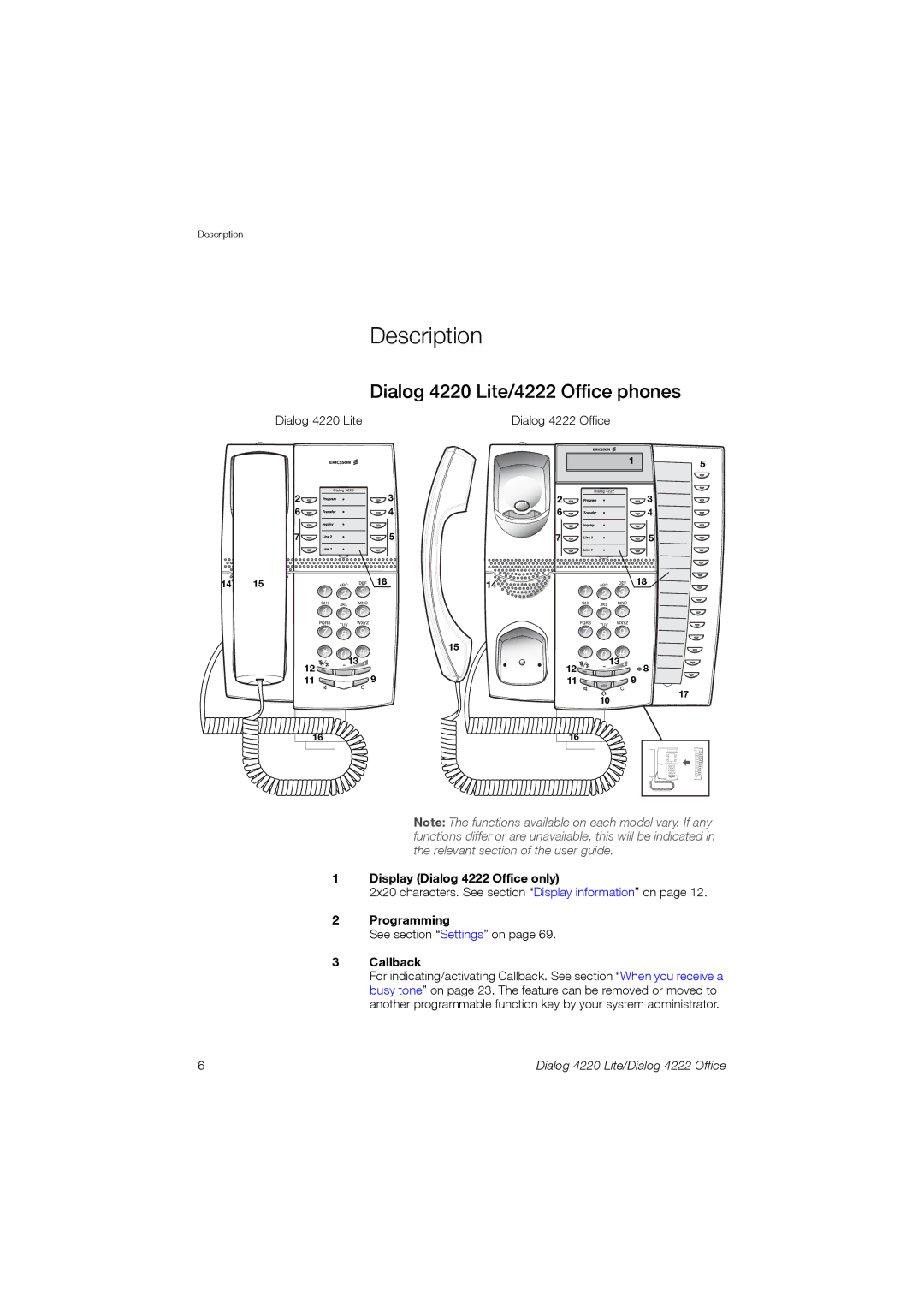 Ericsson manual Description, Dialog 4220 Lite/4222 Office phones, Display Dialog 4222 Office only, Programming, Callback 