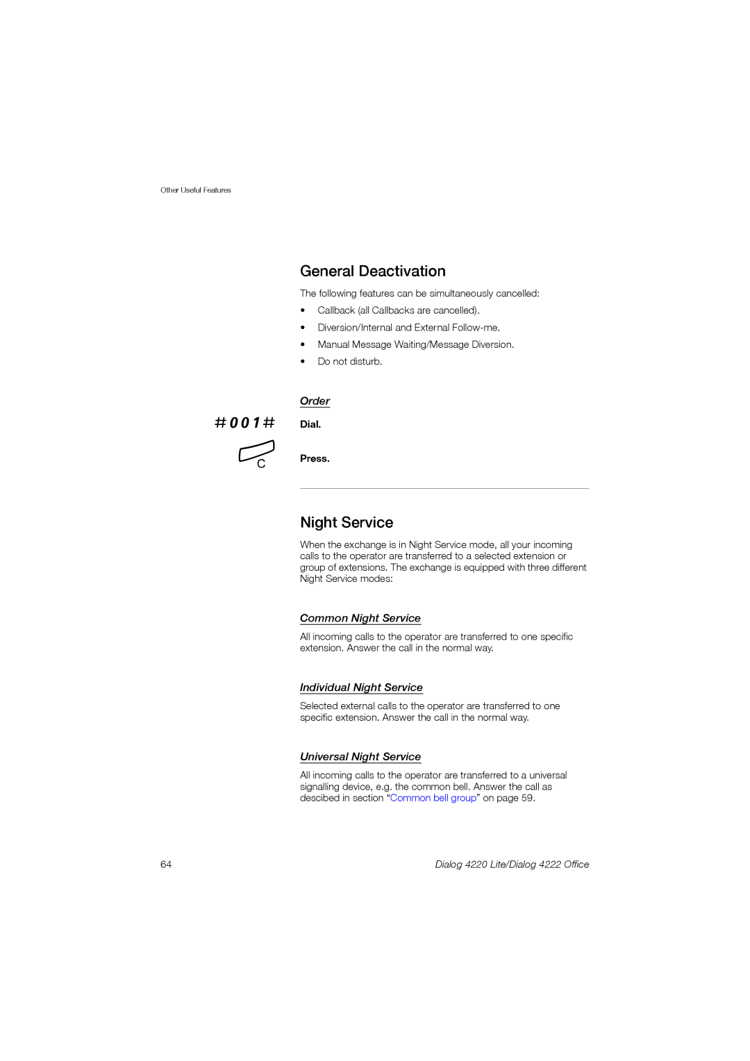 Ericsson 4220 manual #001#, General Deactivation, Night Service 