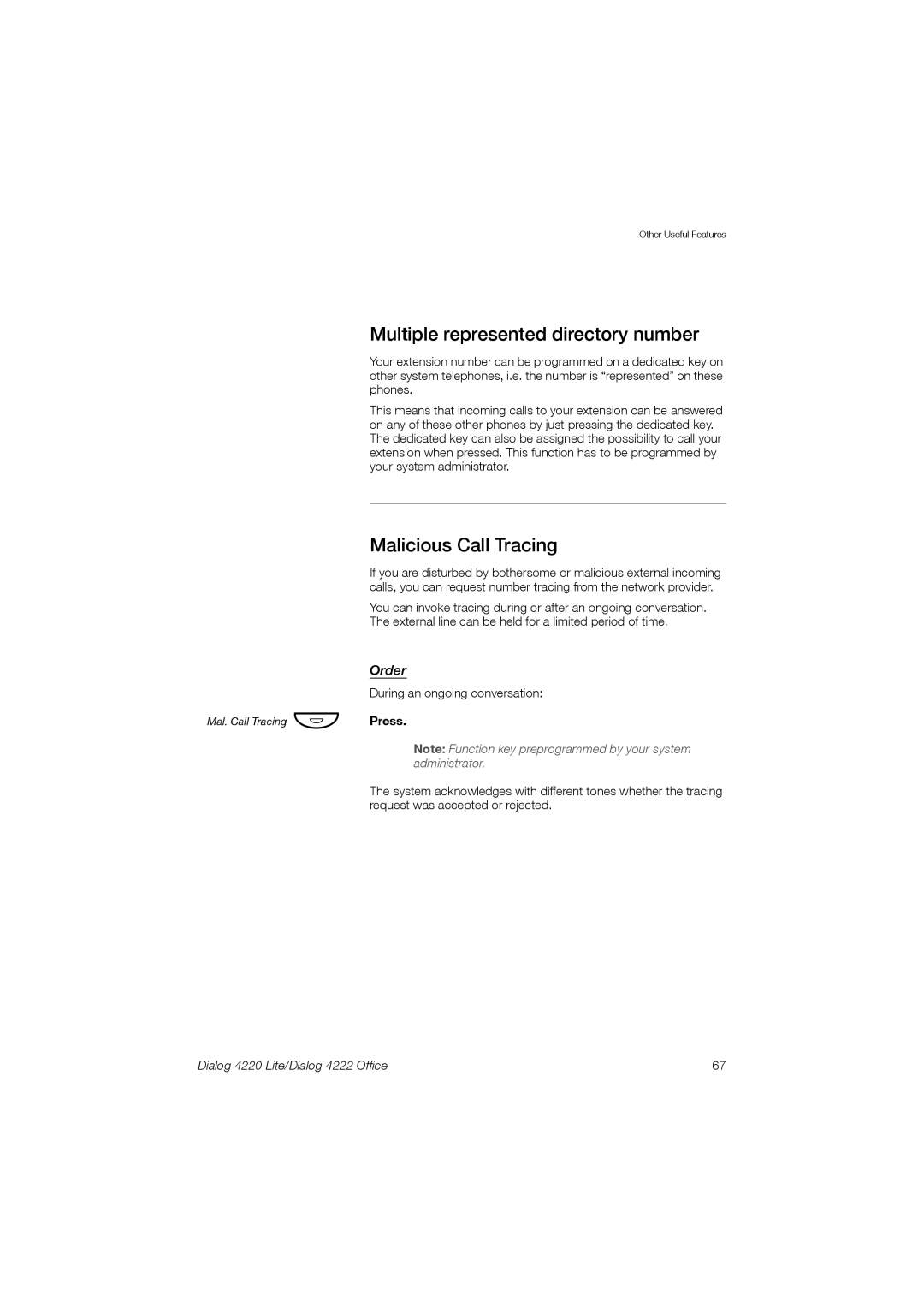 Ericsson 4220 manual Multiple represented directory number, Malicious Call Tracing 