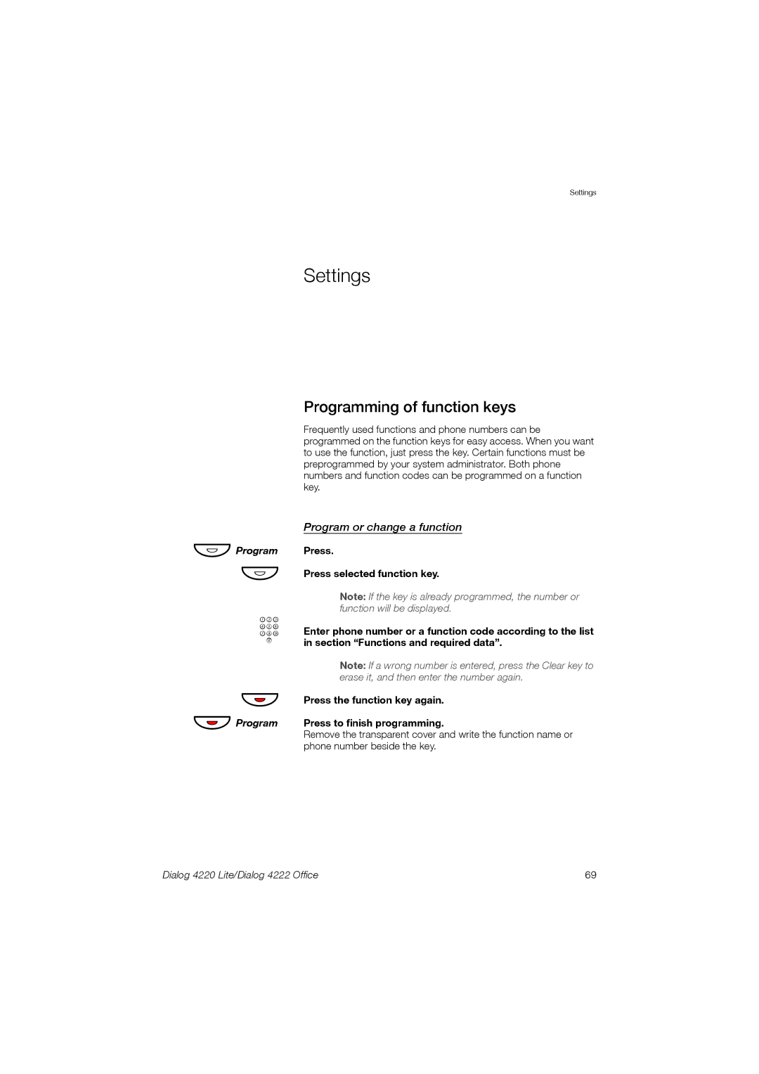 Ericsson 4220 manual Settings, Programming of function keys, Program or change a function 