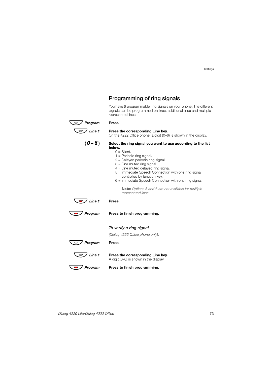 Ericsson 4220 manual Programming of ring signals, To verify a ring signal, Press Press the corresponding Line key 