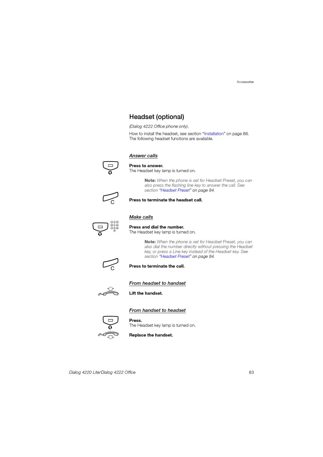 Ericsson 4220 manual Headset optional, Answer calls, Make calls, From headset to handset, From handset to headset 