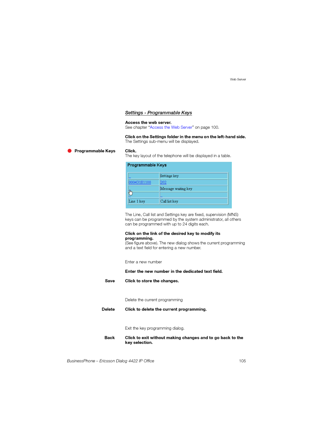 Ericsson 4422 manual Settings Programmable Keys 