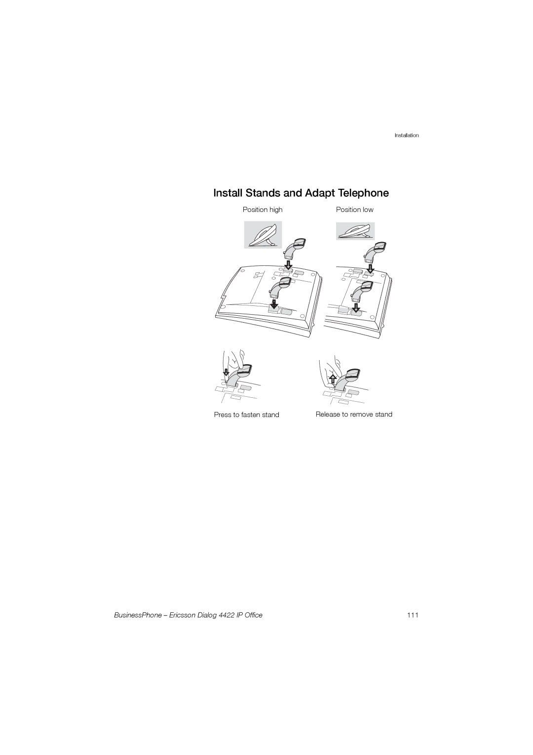 Ericsson 4422 manual Install Stands and Adapt Telephone 