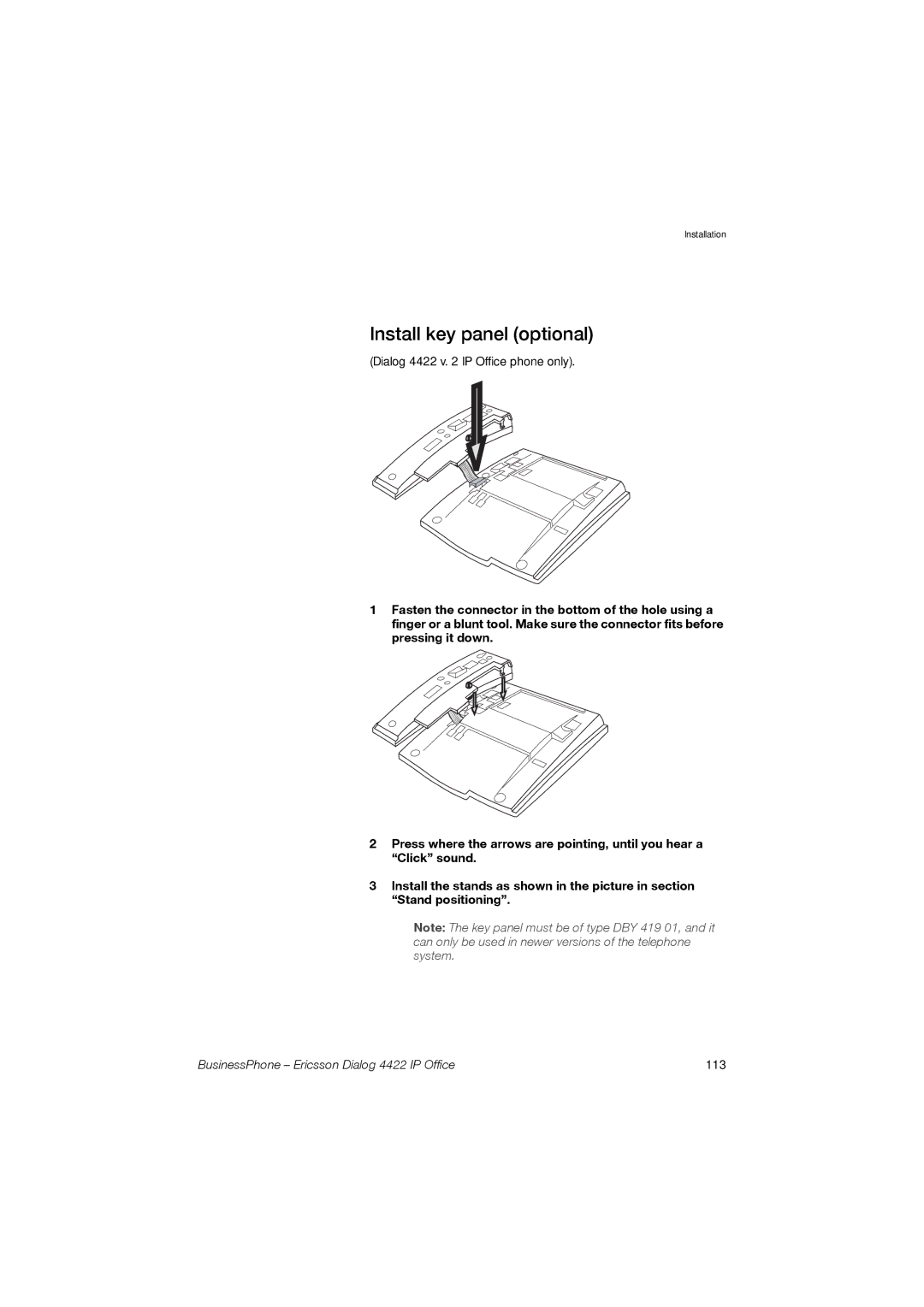 Ericsson 4422 manual Install key panel optional 