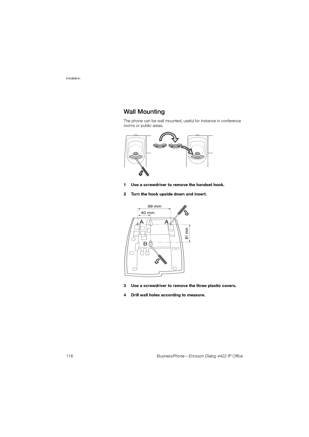 Ericsson 4422 manual Wall Mounting, 116 