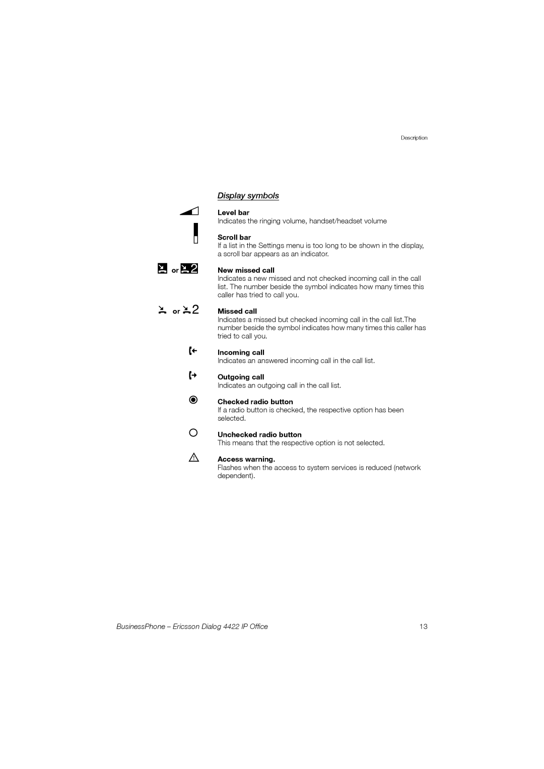 Ericsson 4422 manual Display symbols 