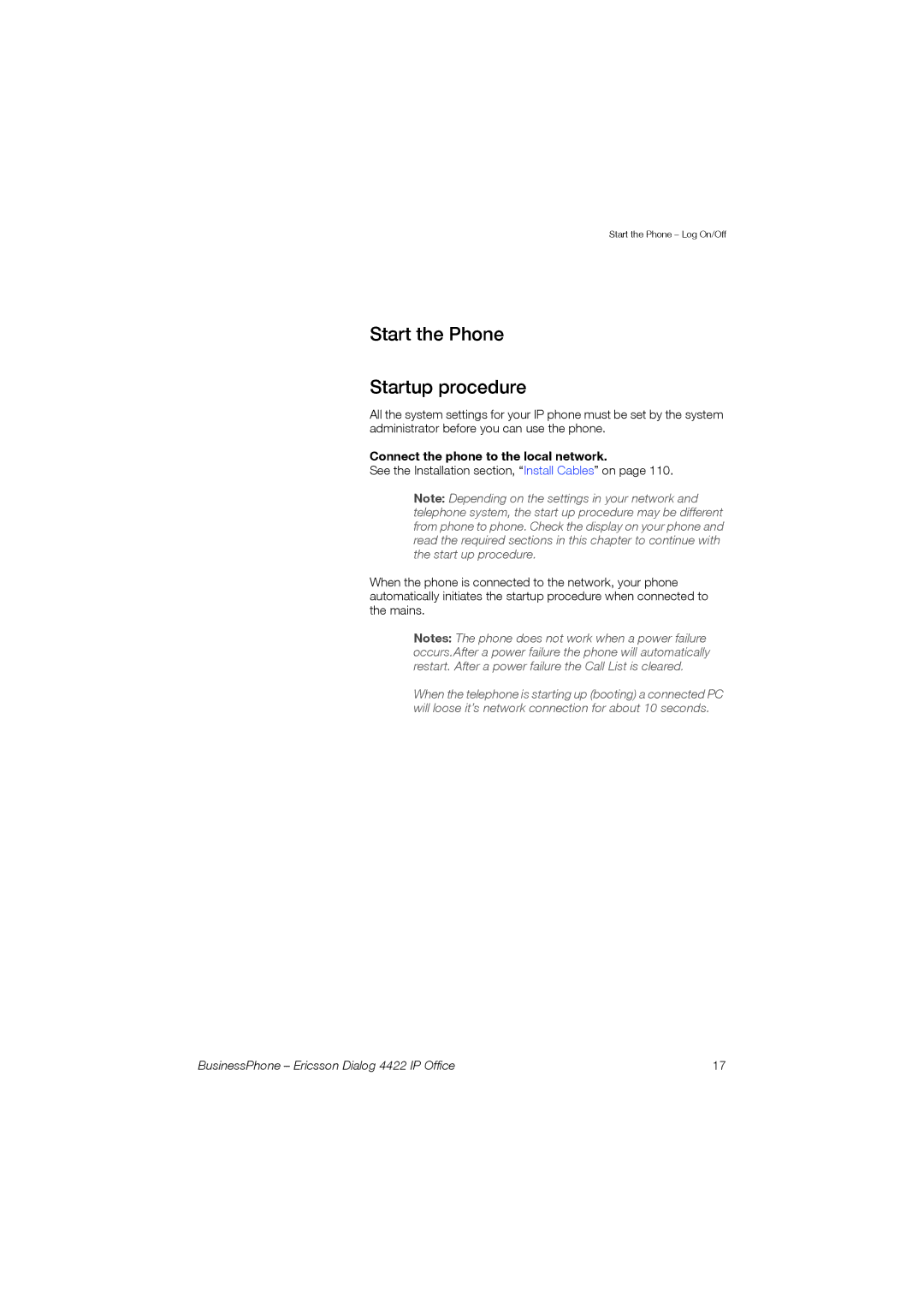 Ericsson 4422 manual Start the Phone Startup procedure, Connect the phone to the local network 