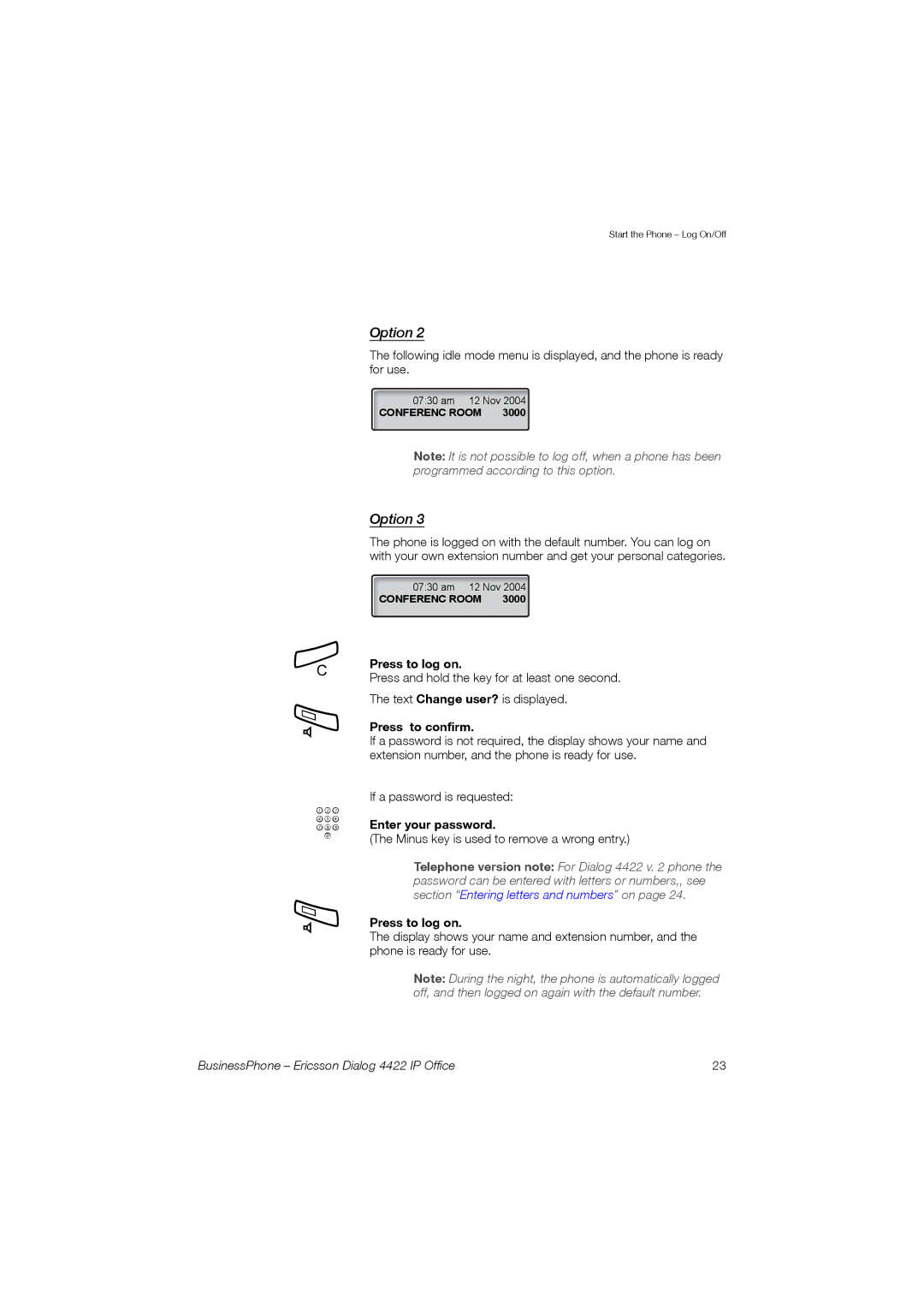 Ericsson 4422 manual Option, Press to confirm 