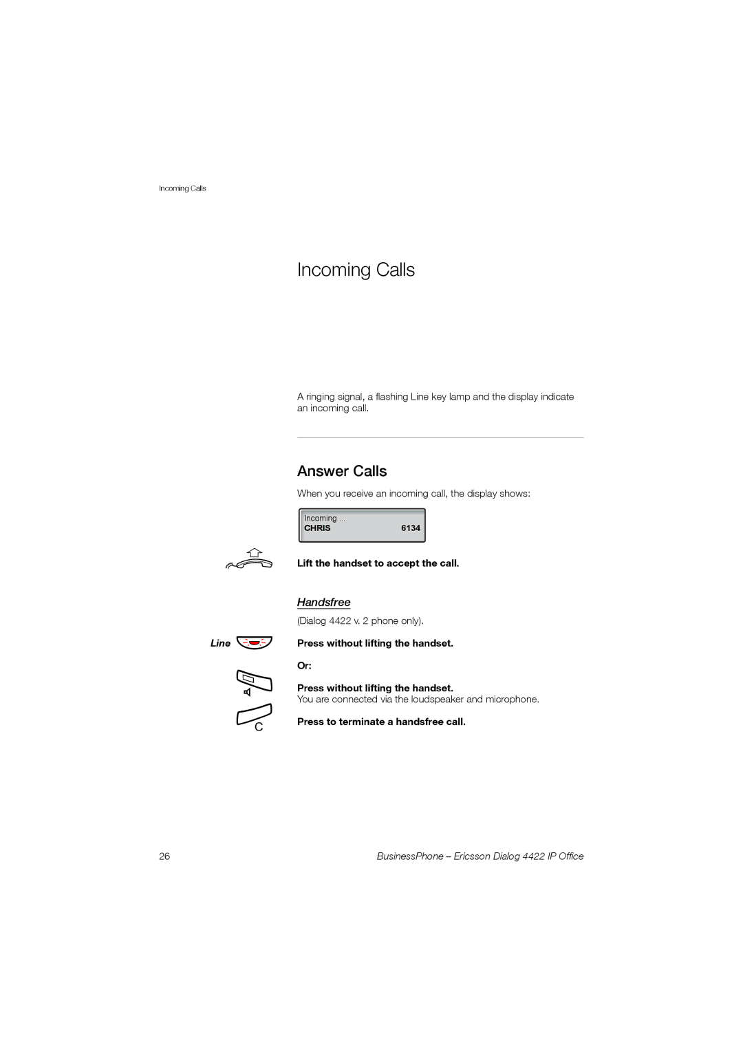 Ericsson 4422 manual Incoming Calls, Answer Calls, Handsfree 