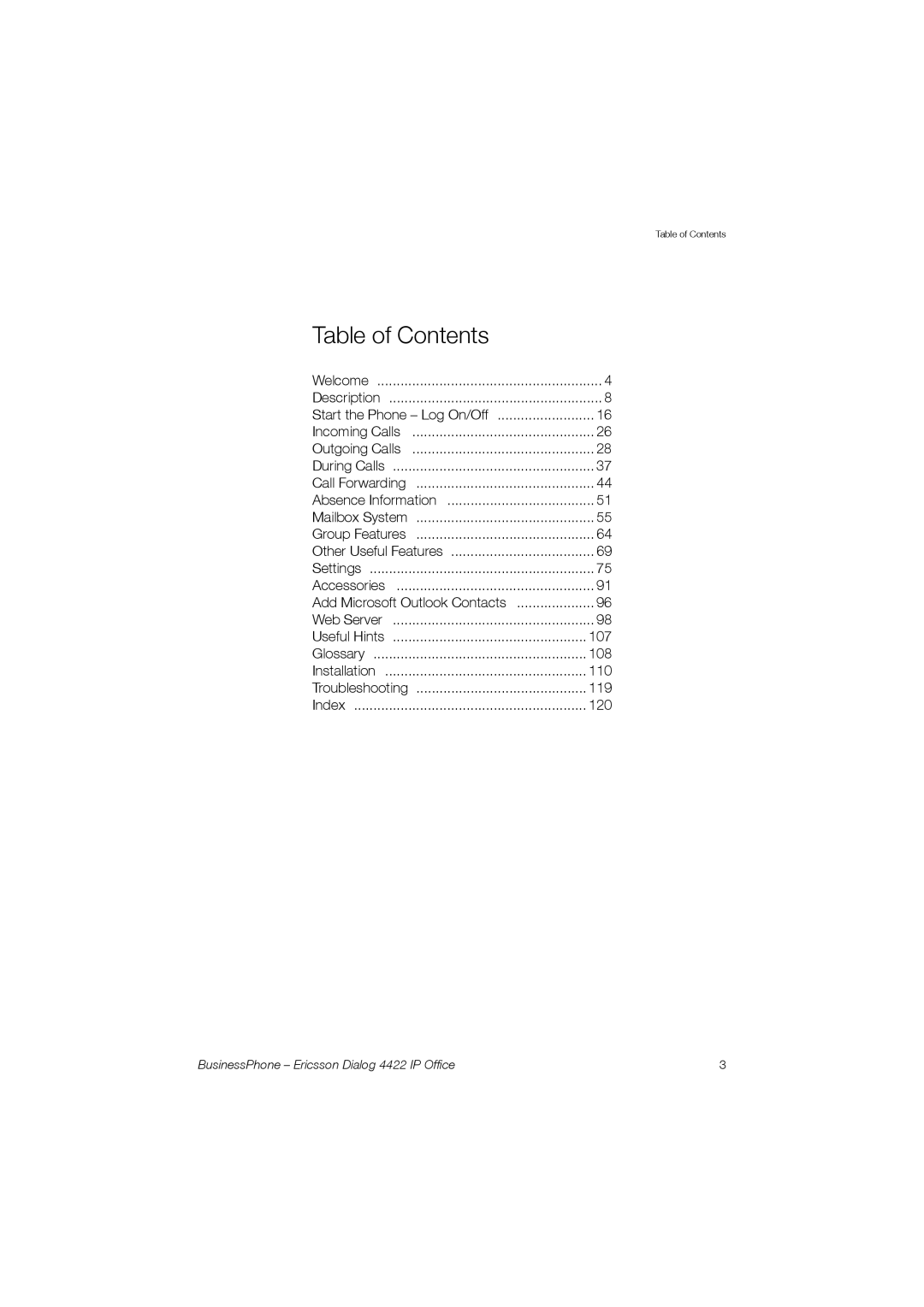 Ericsson 4422 manual Table of Contents 