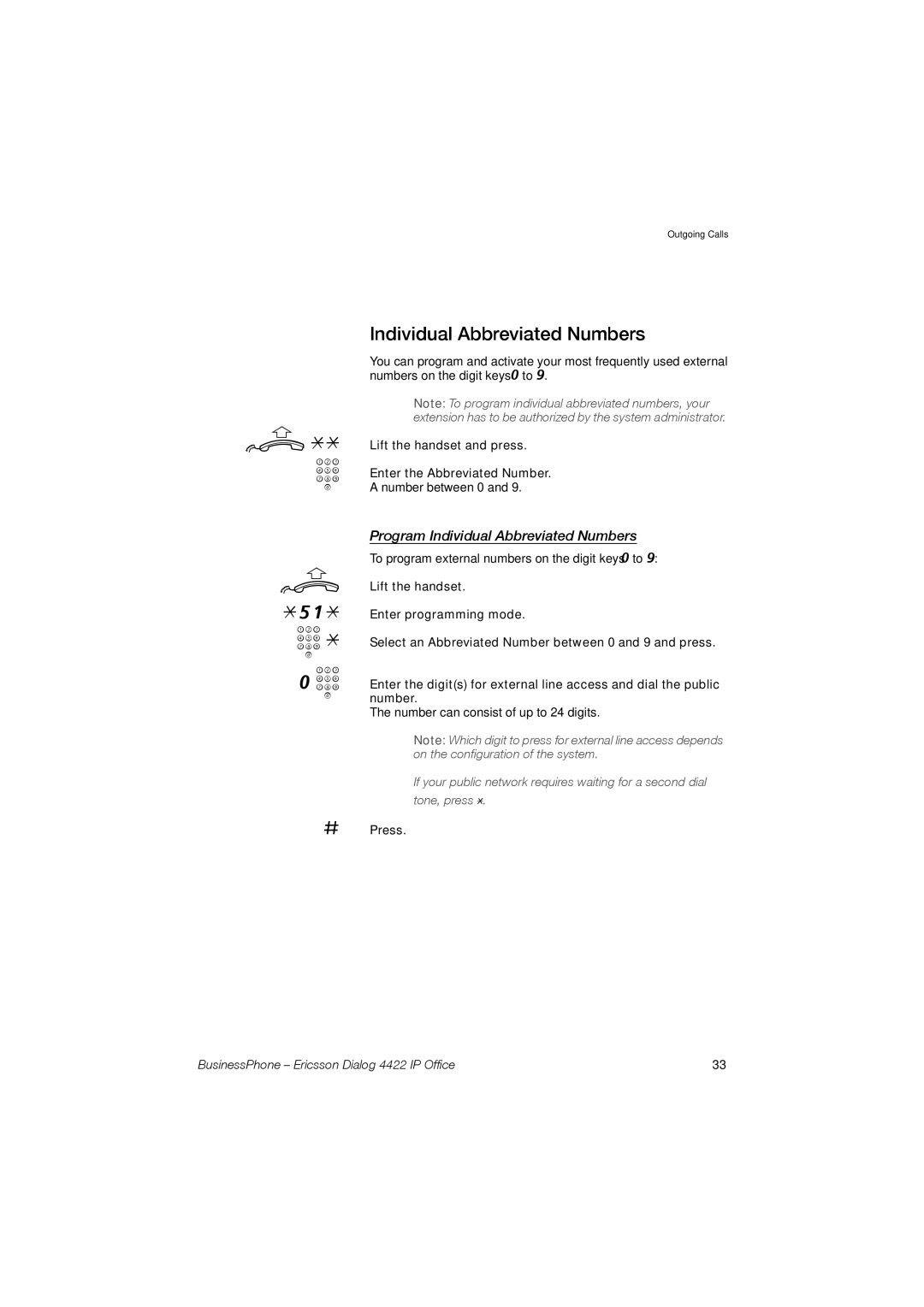 Ericsson 4422 manual Program Individual Abbreviated Numbers, Lift the handset and press Enter the Abbreviated Number 