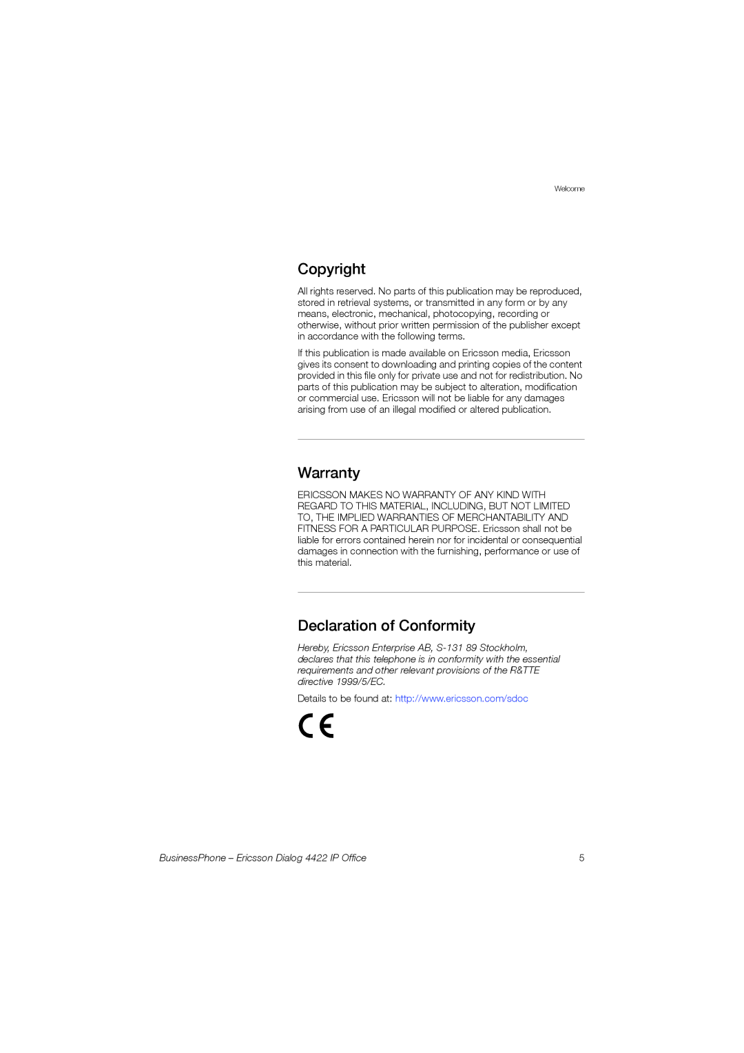 Ericsson 4422 manual Copyright, Warranty, Declaration of Conformity 