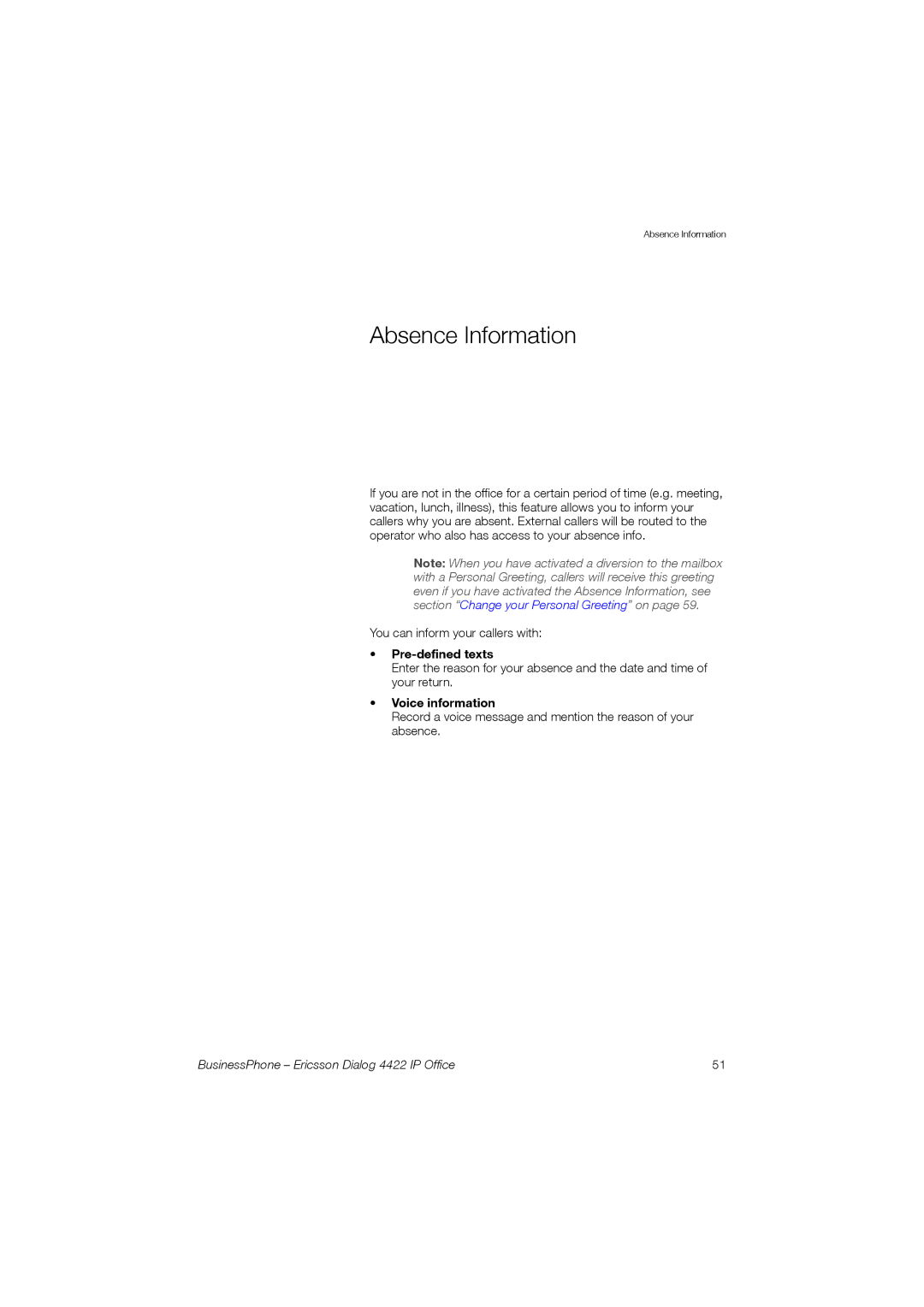 Ericsson 4422 manual Absence Information, Pre-defined texts, Voice information 