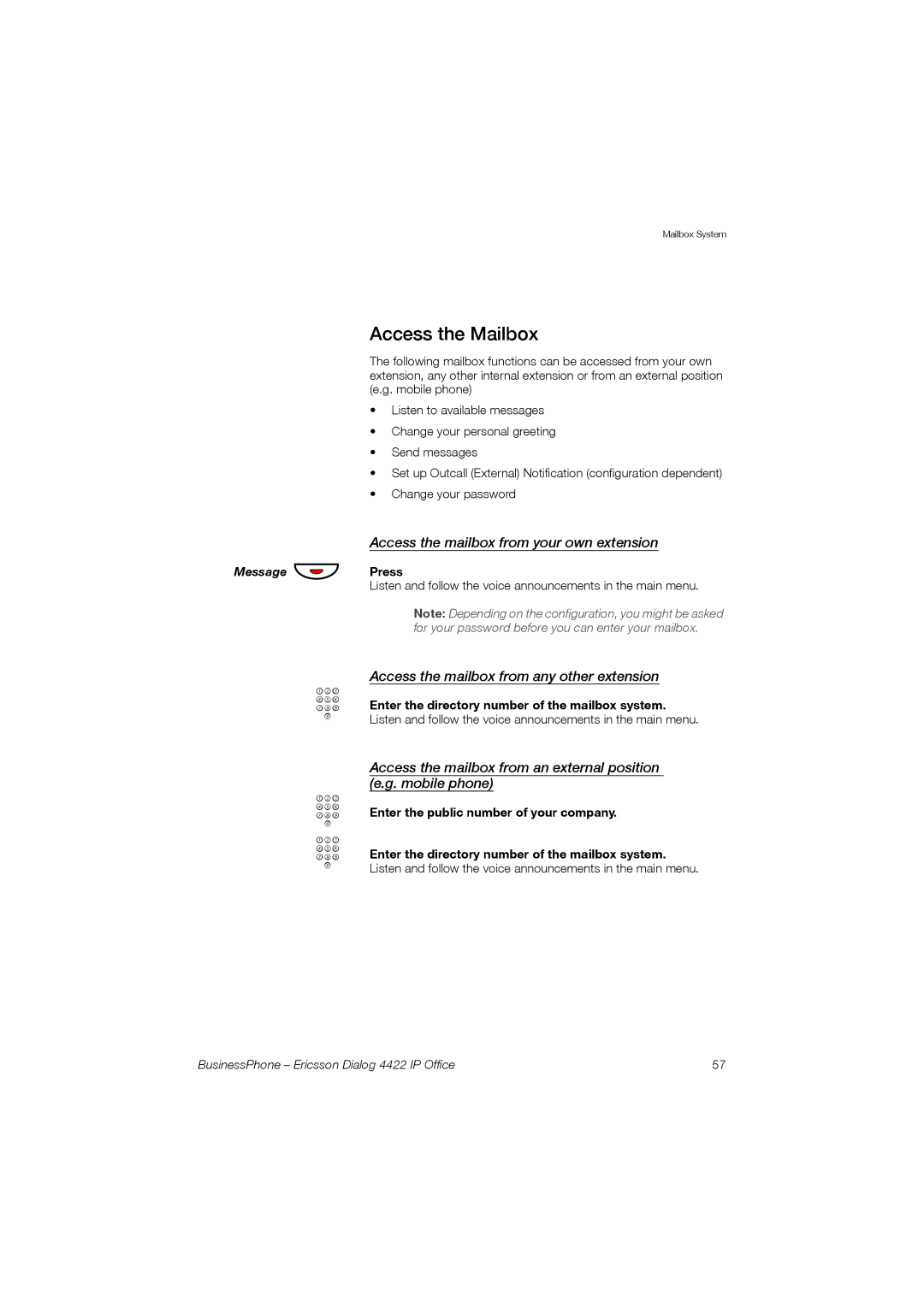 Ericsson 4422 Access the Mailbox, Access the mailbox from any other extension, Enter the public number of your company 