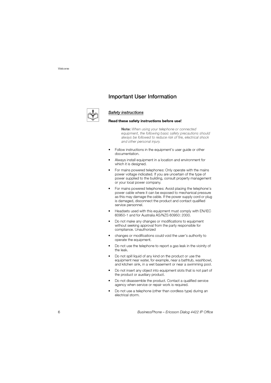 Ericsson 4422 manual Important User Information, Safety instructions, Read these safety instructions before use 