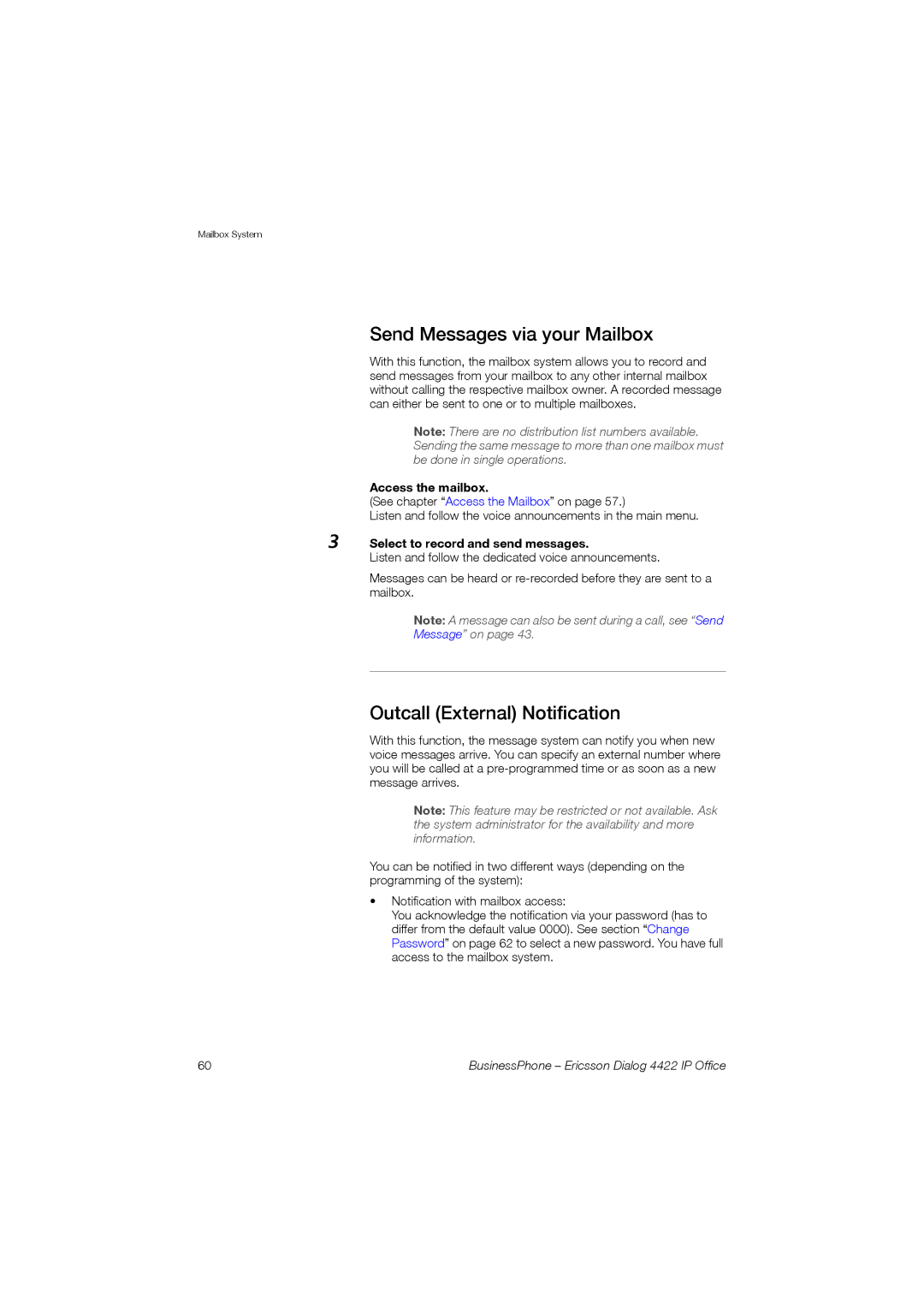 Ericsson 4422 manual Send Messages via your Mailbox, Outcall External Notification, Select to record and send messages 