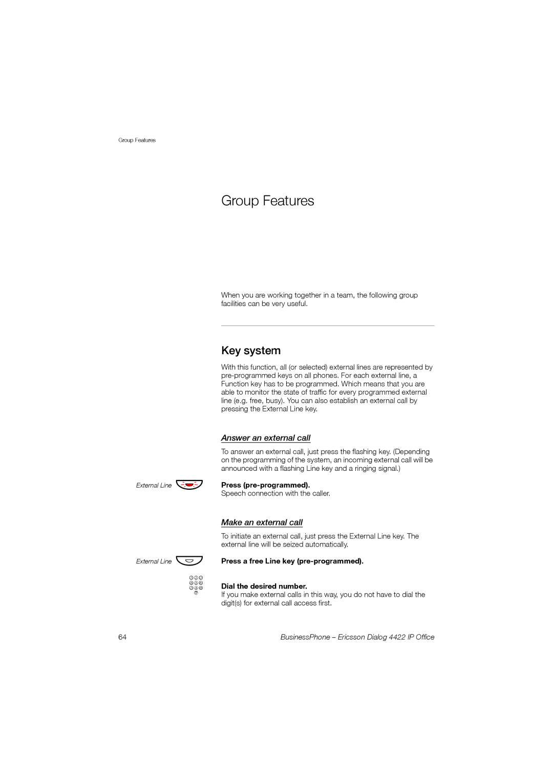 Ericsson 4422 manual Group Features, Key system, Answer an external call, Make an external call, Press pre-programmed 