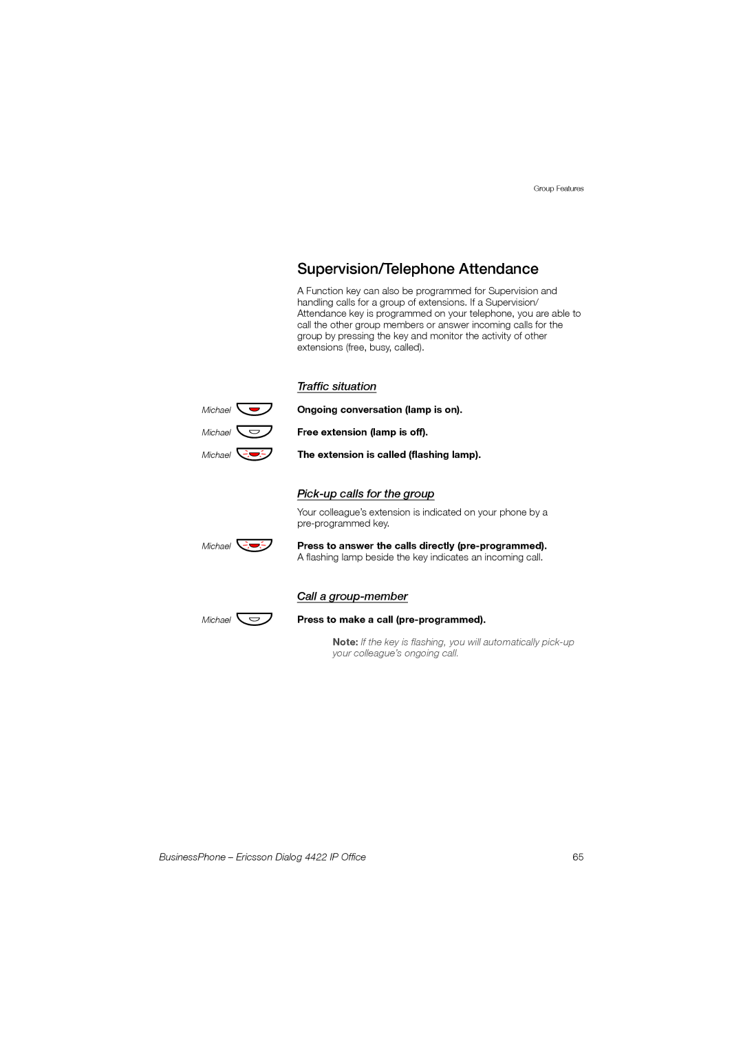 Ericsson 4422 manual Supervision/Telephone Attendance, Traffic situation, Pick-up calls for the group, Call a group-member 