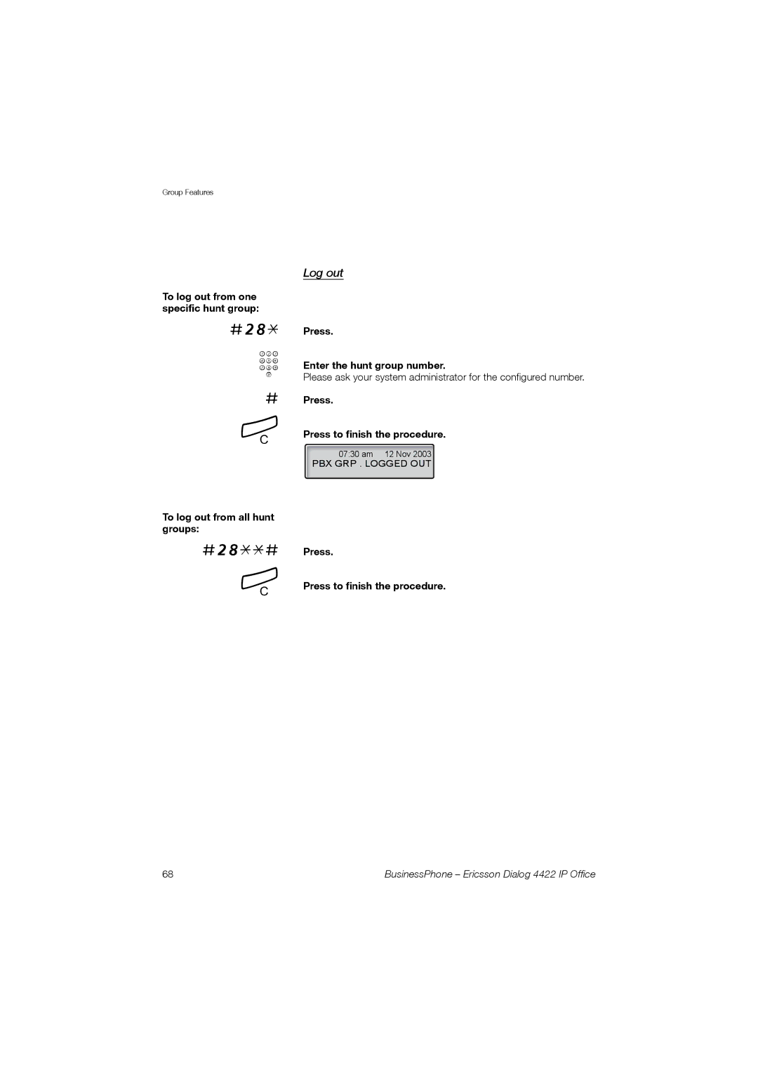 Ericsson 4422 manual Íz#, Log out 