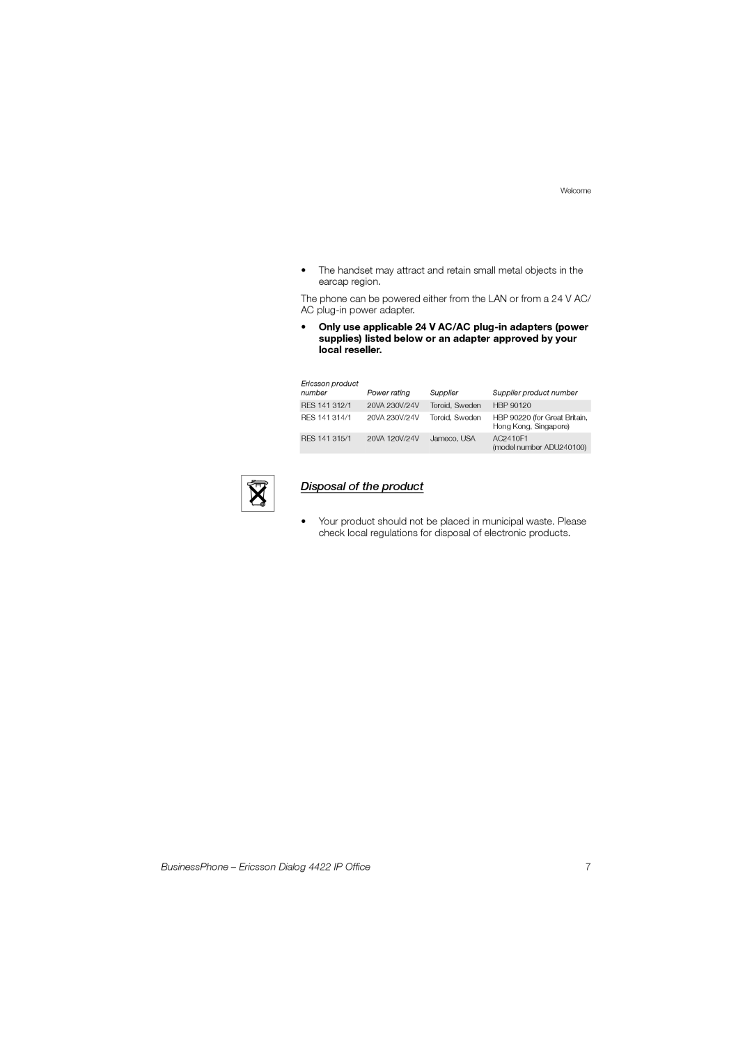 Ericsson 4422 manual Disposal of the product 