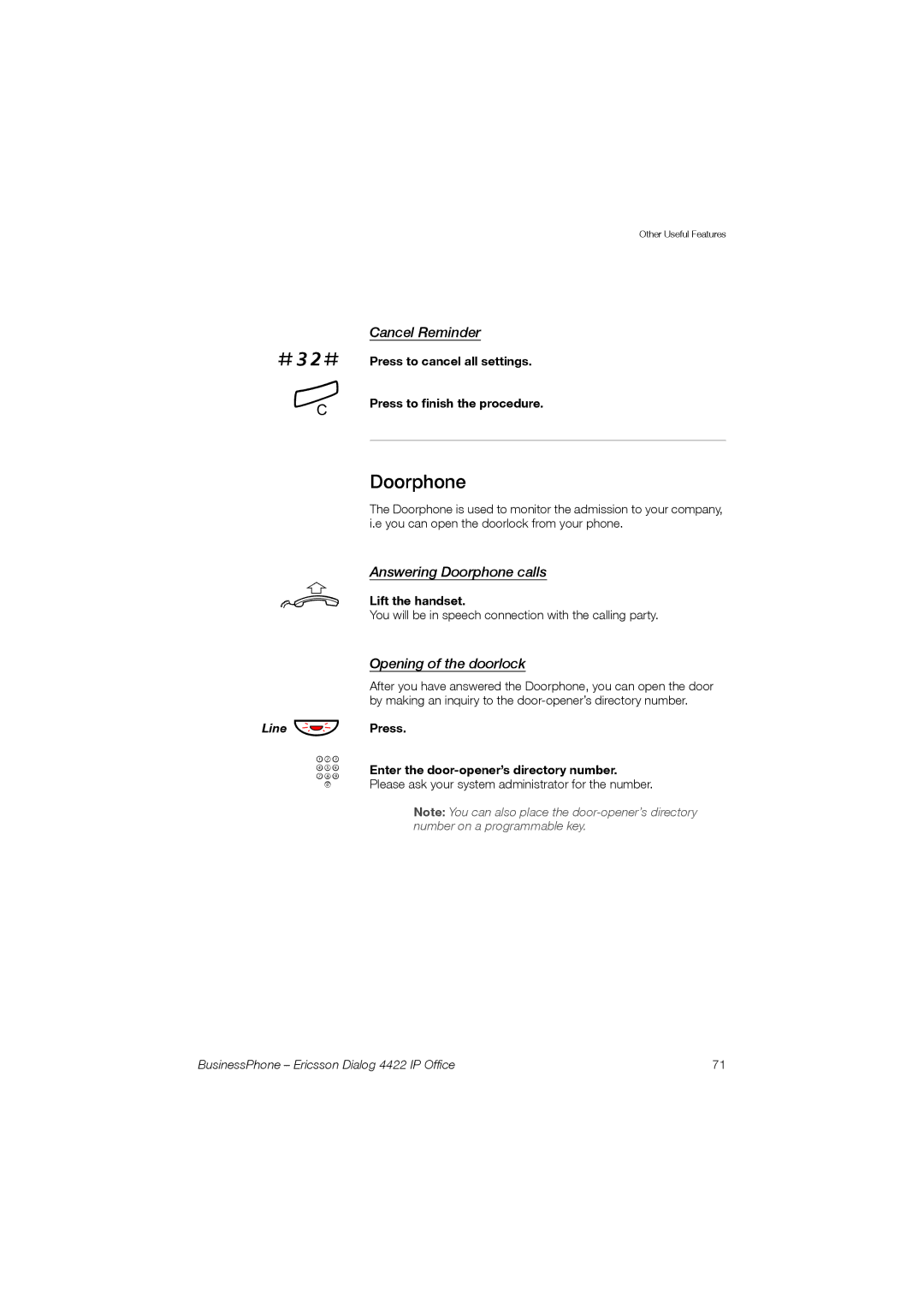 Ericsson 4422 manual Cancel Reminder, Answering Doorphone calls, Opening of the doorlock 